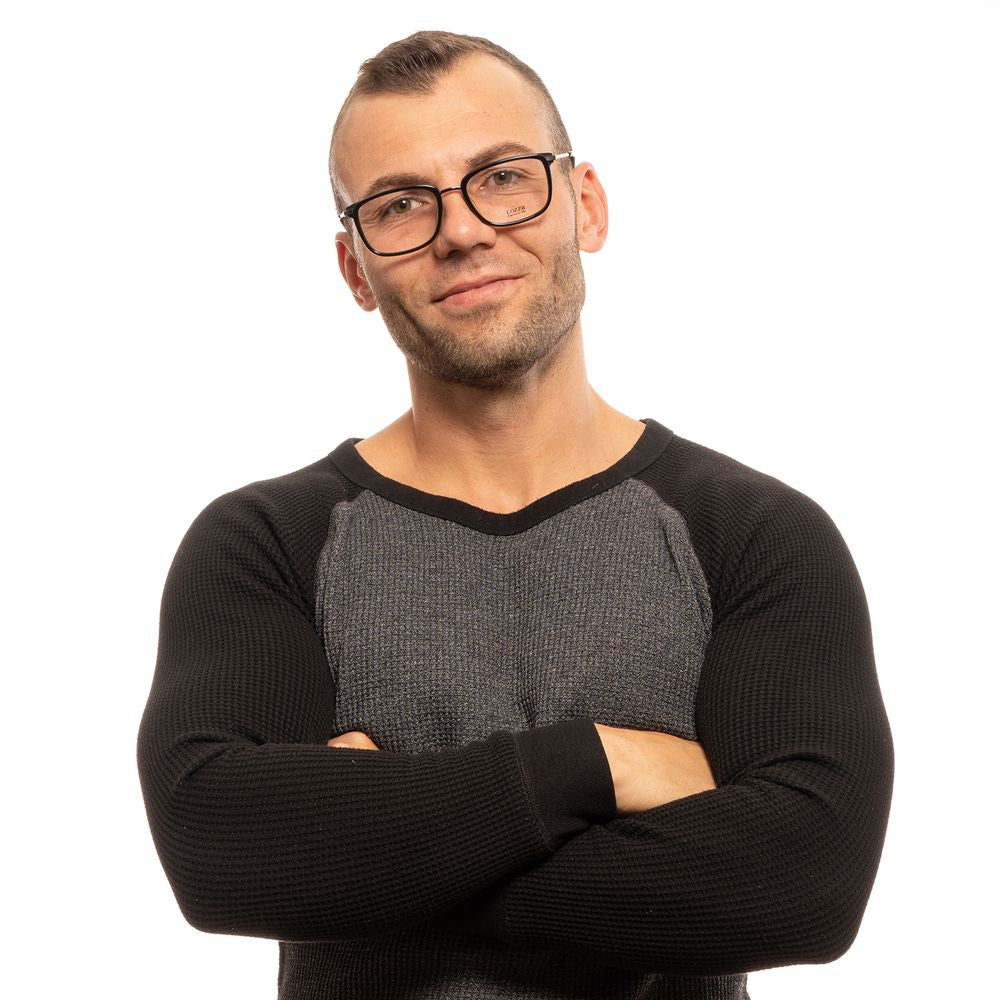 Man wearing Lozza Black Men Glasses Frame, full-rim rectangle style with black plastic frame on a neutral background.