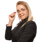 Woman wearing Maje Beige Women Glasses Frame in acetate with demo lenses, full-rim round style.
