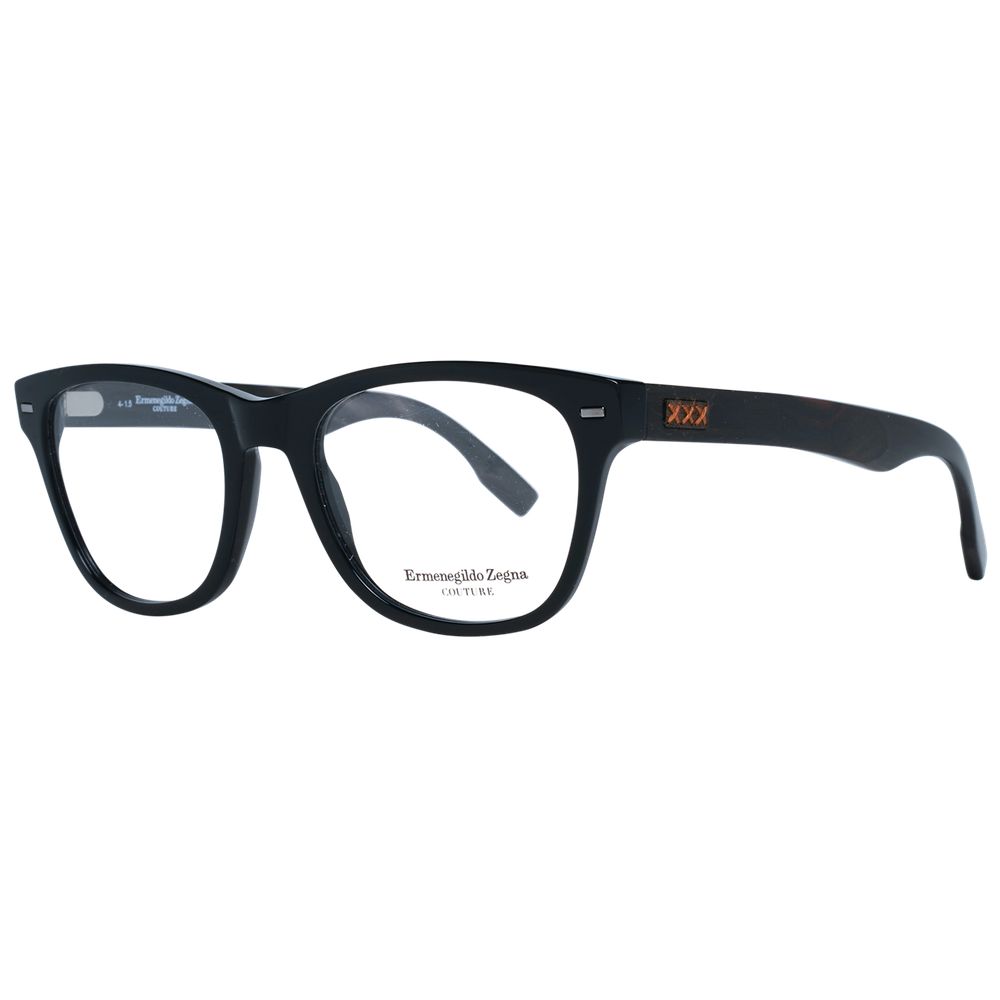 Ermenegildo Zegna Black Men Glasses Frame in black plastic, trapezium style, full-rim, size 52-19-145 with branded case.