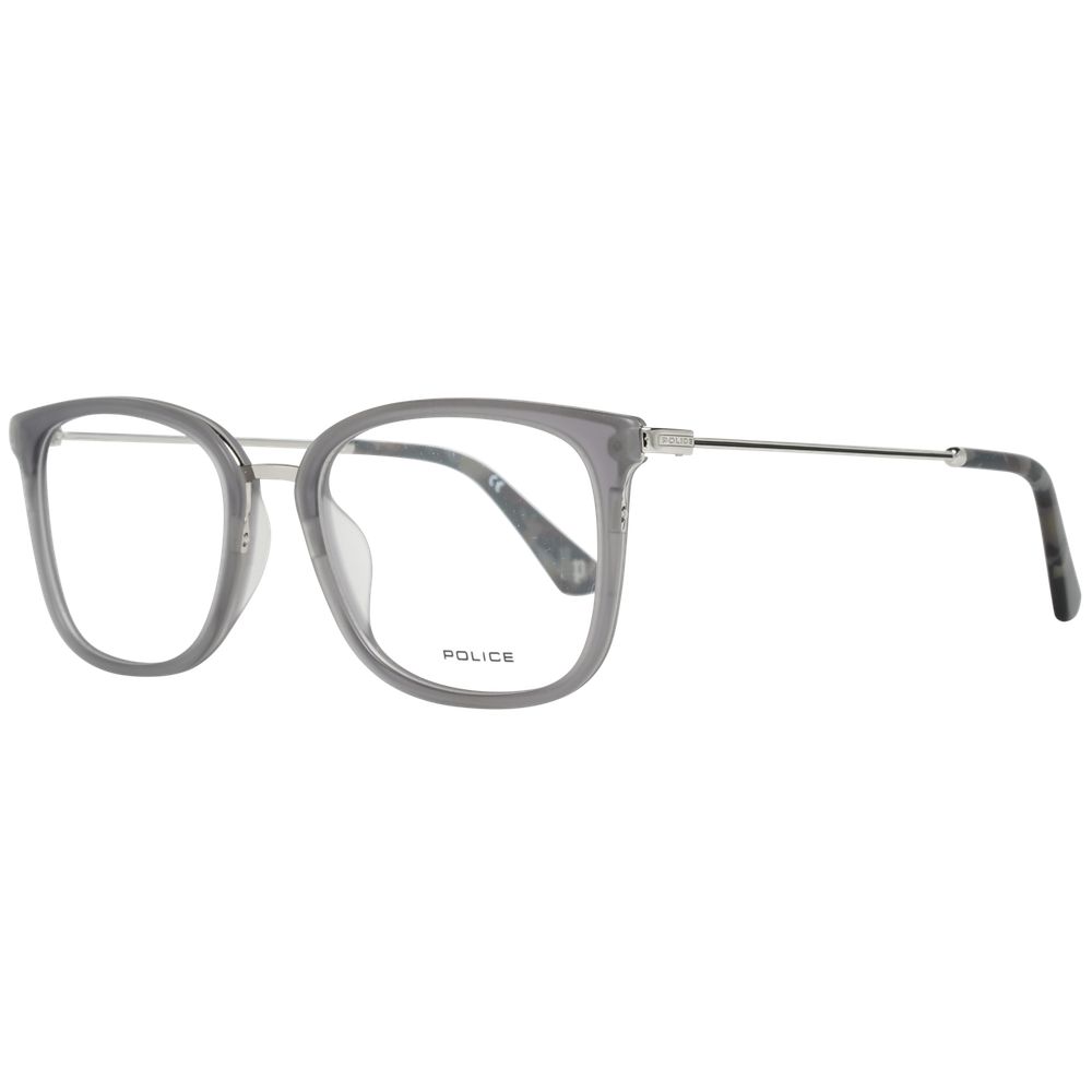 Police Gray Men Glasses Frame, full-rim square style, metal and plastic, 51-19-140, grey color, includes branded case.