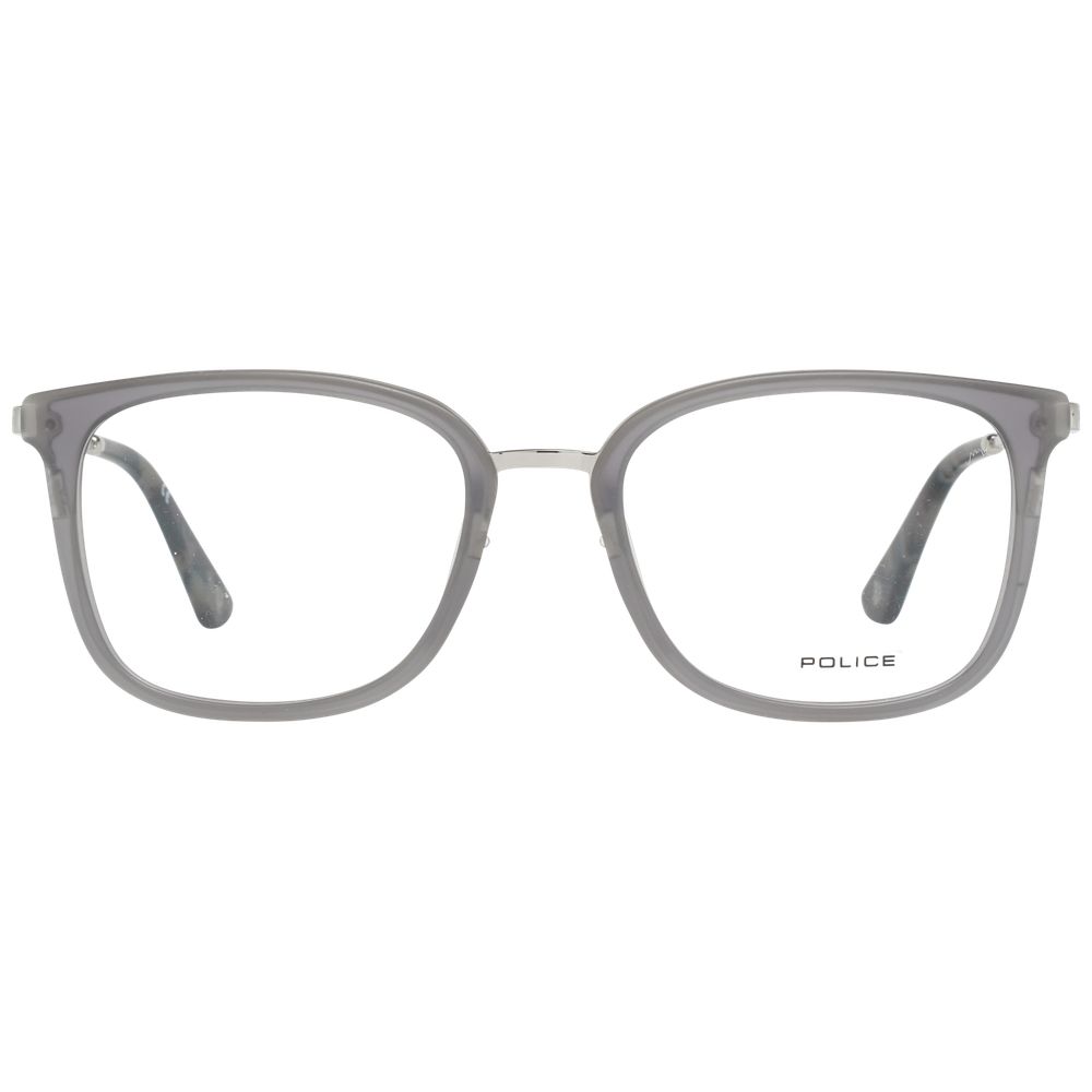 Police Gray Men Glasses Frame with grey full-rim square style, metal and plastic construction, 51-19-140 size, includes branded case.