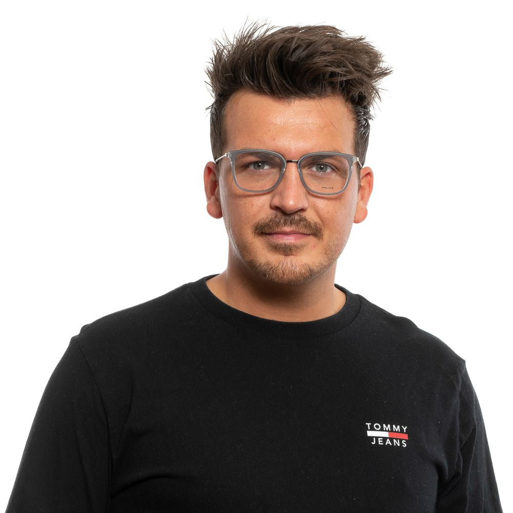 Man wearing Police Gray Men Glasses Frame with square full-rim metal and plastic design, suitable for a modern look.
