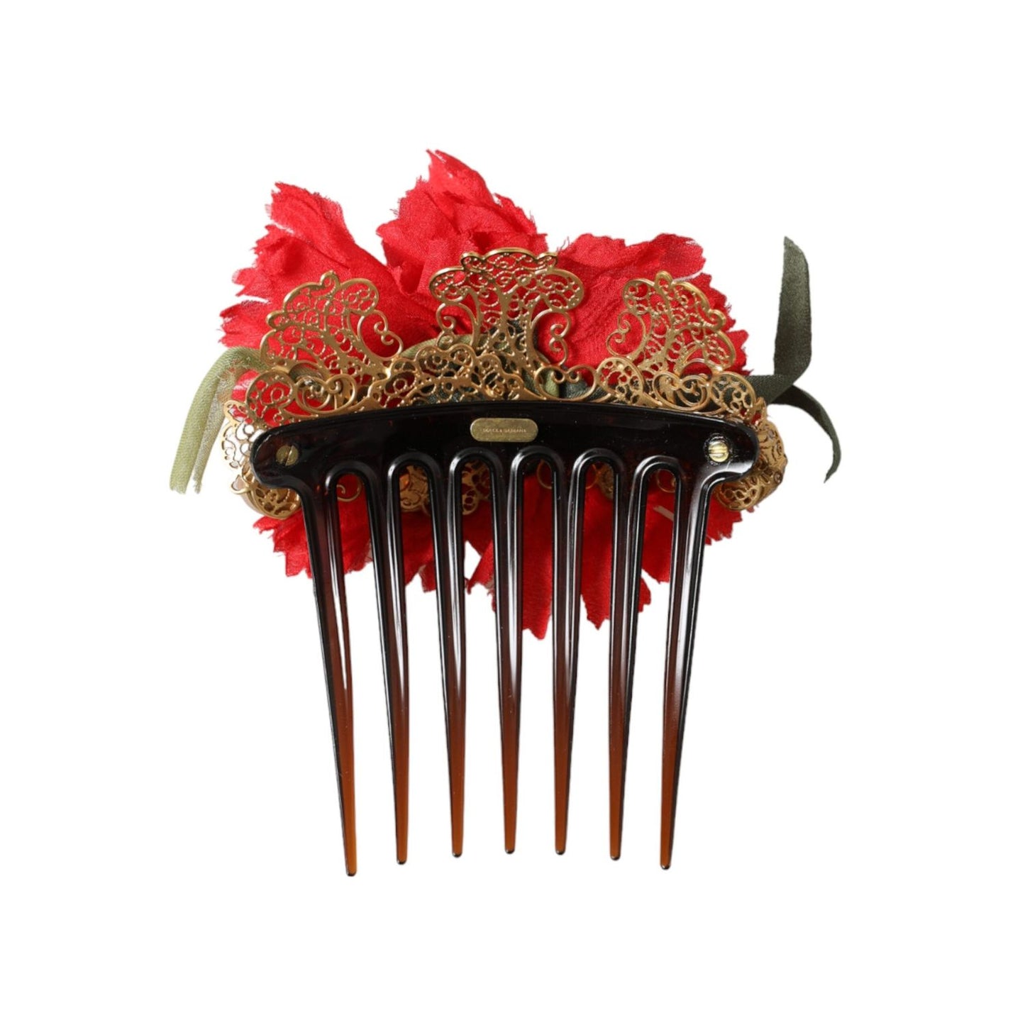 Dolce & Gabbana Red Silk Floral Gold Brass Women Hair Comb FASHION ACCESSORIES