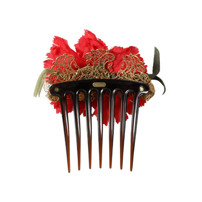 Dolce & Gabbana Red Silk Floral Gold Brass Women Hair Comb FASHION ACCESSORIES
