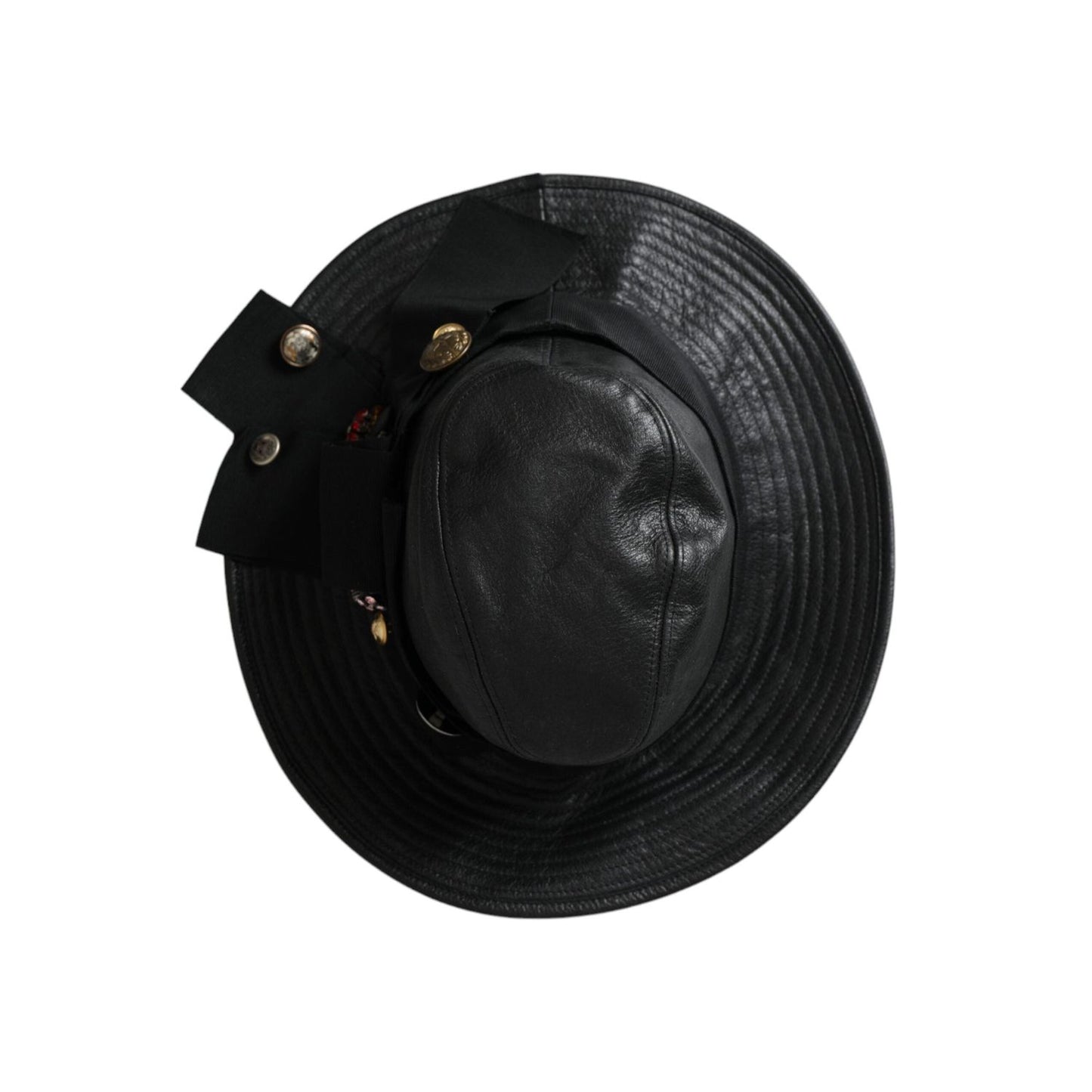 Dolce & Gabbana Black Leather DG Coin Crystal Wide Brim Hat