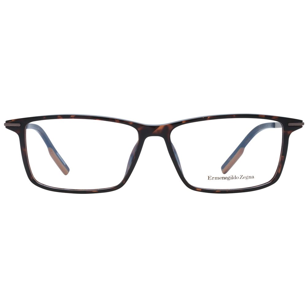 Ermenegildo Zegna Brown Men Glasses Frame in full-rim plastic with demo lenses, rectangular style, includes branded case.