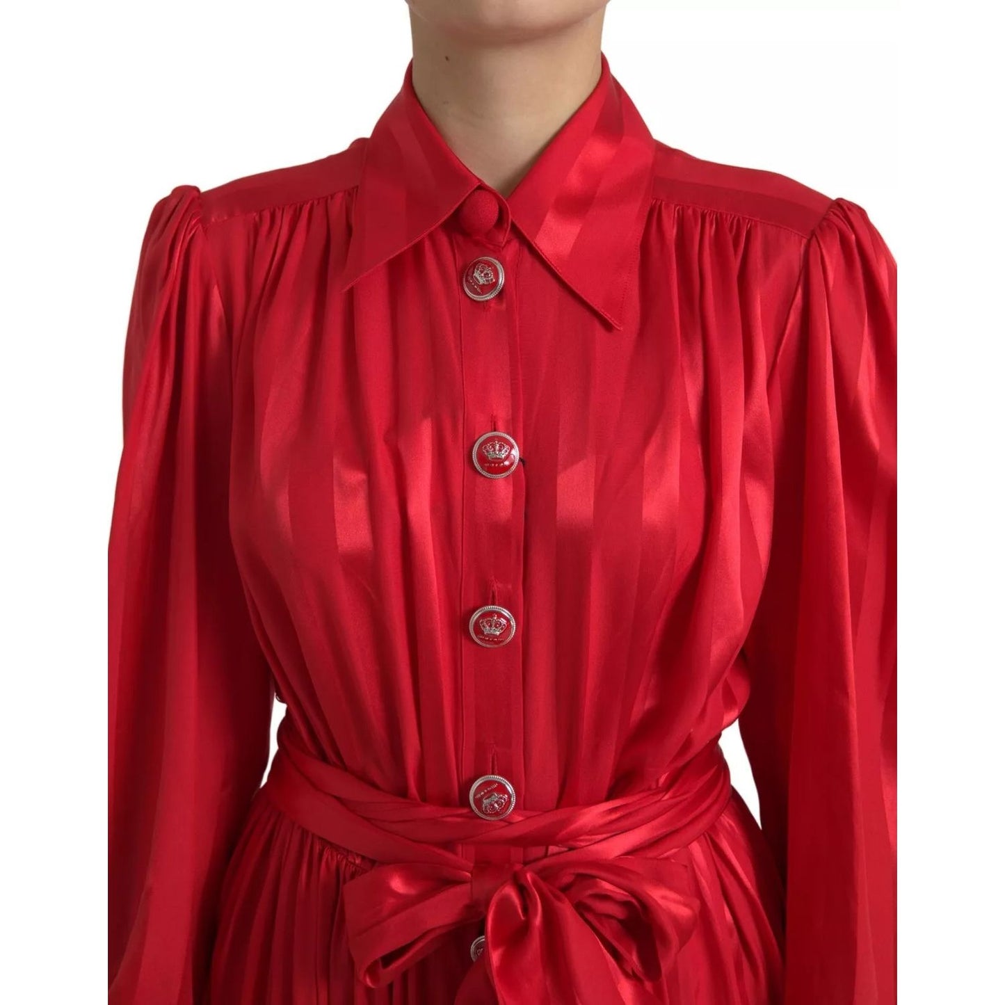 Dolce & Gabbana Red Button Down Belted Midi Satin Silk Dress