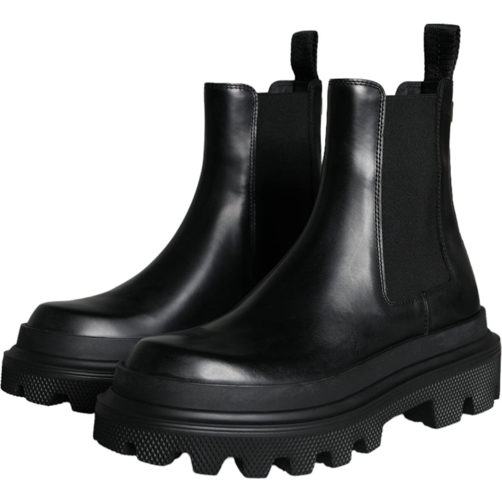 Dolce & Gabbana Black Leather Slip On Stretch Trekking Boots Shoes Dolce & Gabbana Black