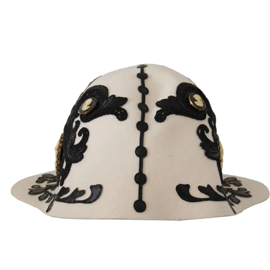 Dolce & Gabbana White Black Wool Embroidered Cameo Brooch Hat Dolce & Gabbana Gray