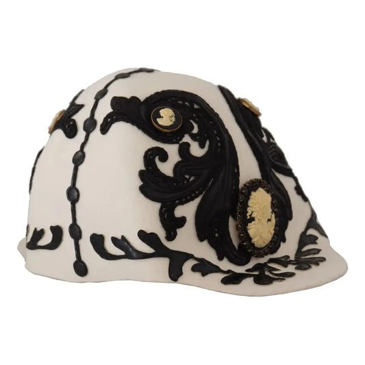 Dolce & Gabbana White Black Wool Embroidered Cameo Brooch Hat Dolce & Gabbana Black