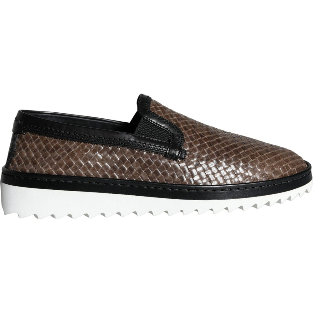Dolce & Gabbana Brown Black Leather Weaved Men Loafers Shoes MV5921-40.5