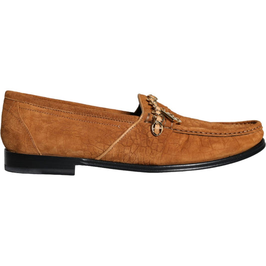 Dolce & Gabbana Brown Velvet Leather Logo Mocassin Slip On Shoes Dolce & Gabbana Sienna