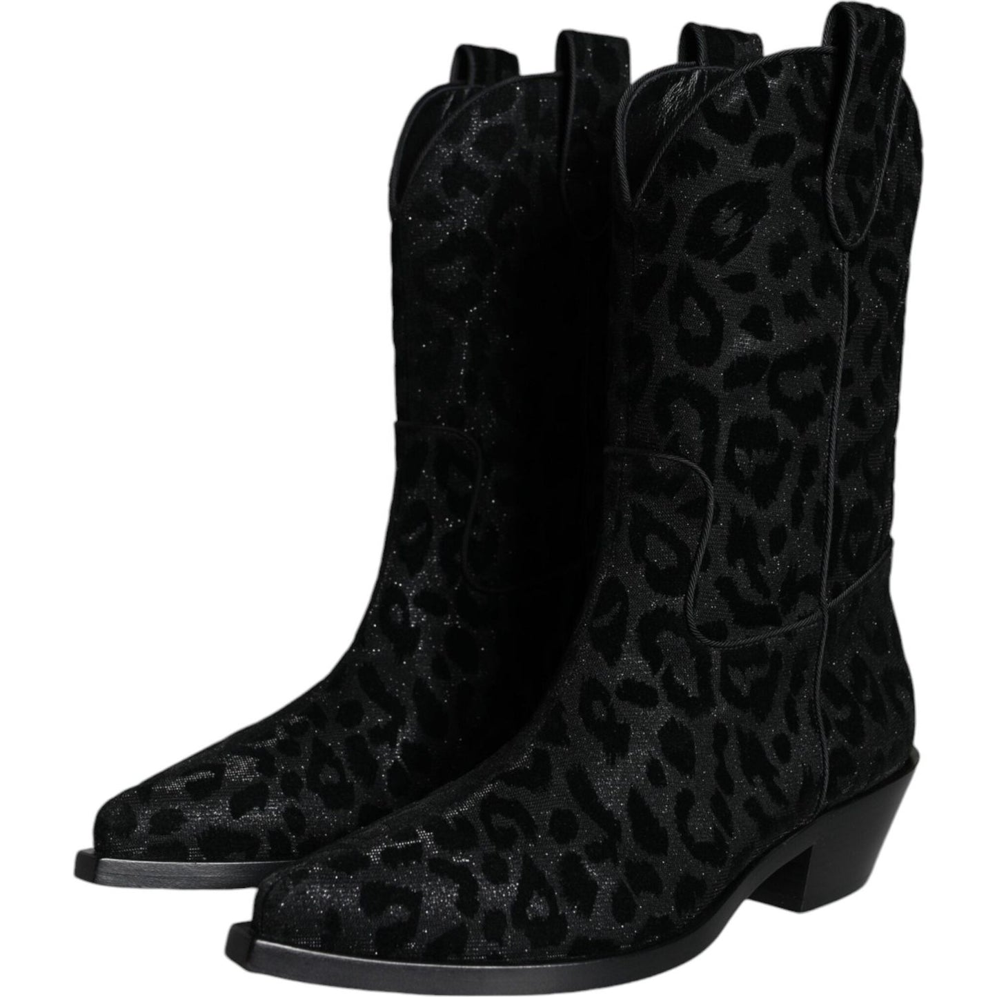 Dolce & Gabbana Black Gray Leopard Cowboy Boots Shoes LA11525#1-38.5