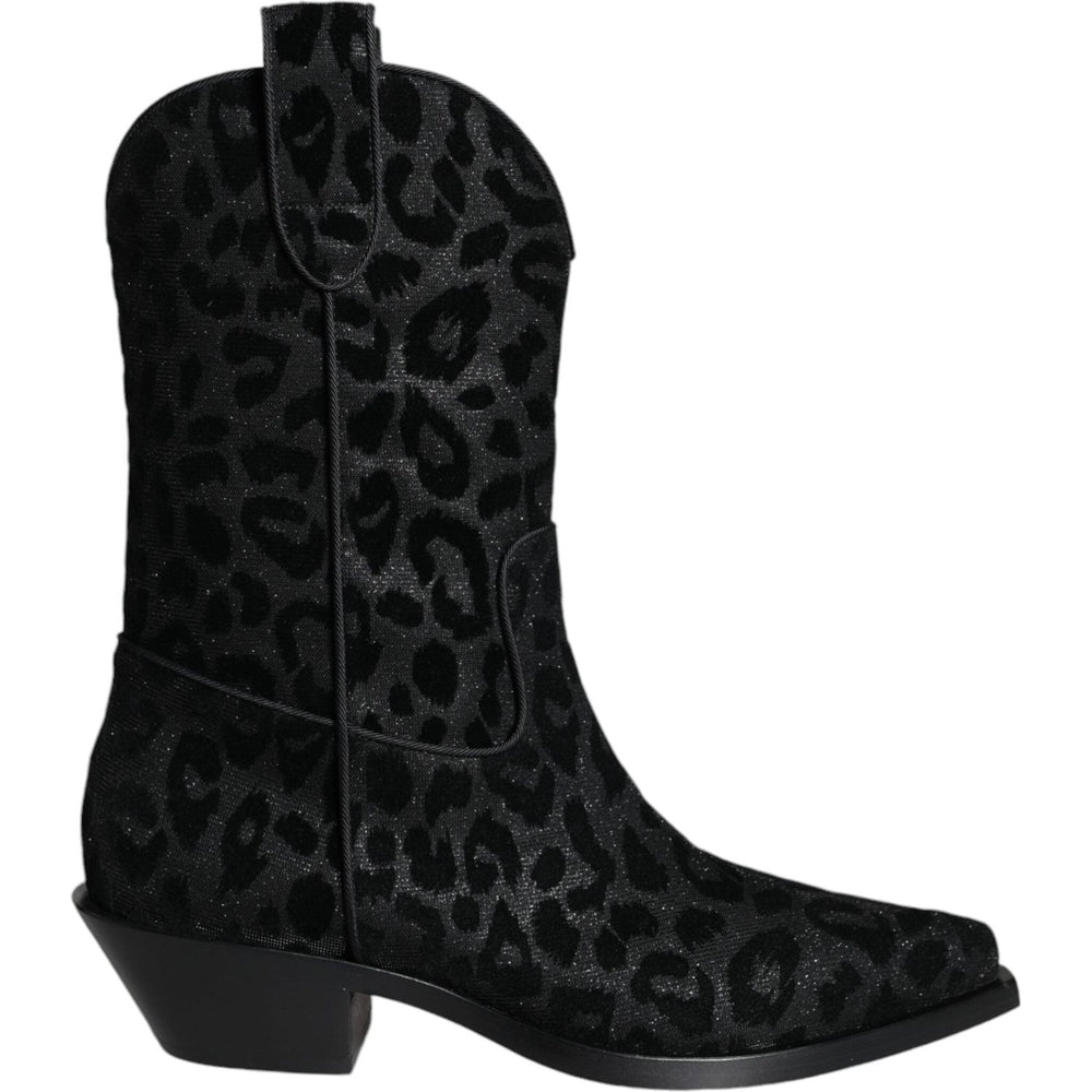 Dolce & Gabbana Black Gray Leopard Cowboy Boots Shoes LA11525#1-38.5