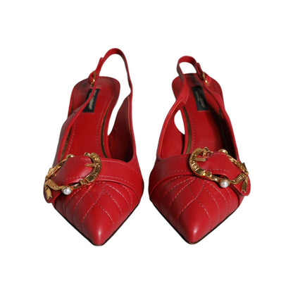 Dolce & Gabbana Red Devotion Leather Heels Slingback Shoes