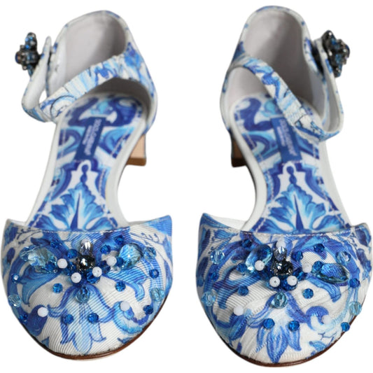 Dolce & Gabbana White Blue Majolica Print Ankle Strap Sandals Shoes Dolce & Gabbana Light Slate Gray