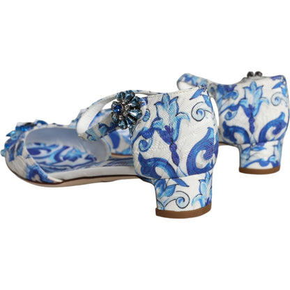 Dolce & Gabbana White Blue Majolica Print Ankle Strap Sandals Shoes