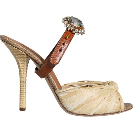 Dolce & Gabbana Multicolor Crystal Slides Heel Sandals Shoes Dolce & Gabbana Tan