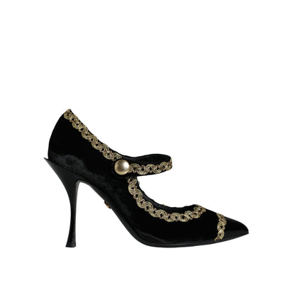 Dolce & Gabbana Black Mary Janes Velvet Gold Pumps Shoes