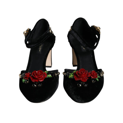 Dolce & Gabbana Black Velvet Roses Ankle Strap Pumps Shoes