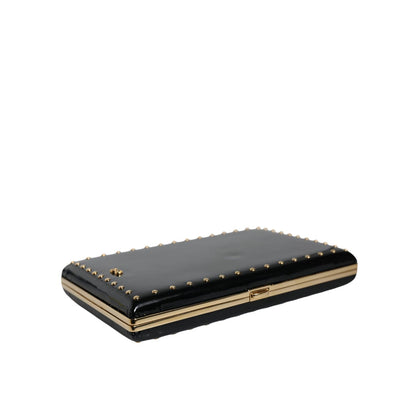 Dolce & Gabbana Black Leather Studs Gold Frame Clutch Evening Purse Bag