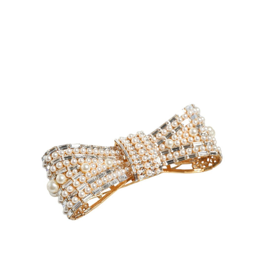 Dolce & Gabbana Gold Tone Brass Bow Crystal FauxPearl Embellished Brooch
