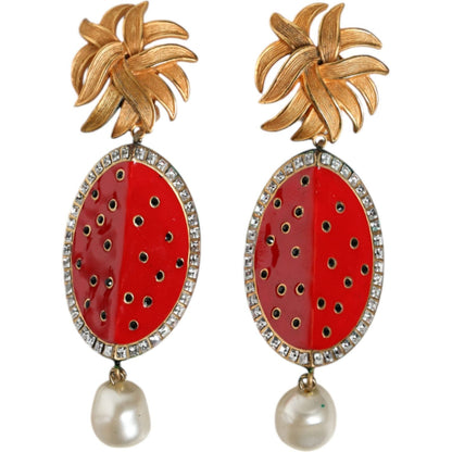 Dolce & Gabbana Red Watermelon Gold Brass Crystal Clip Dangling Earrings