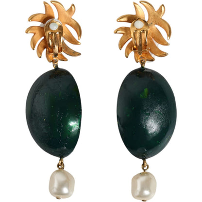 Dolce & Gabbana Red Watermelon Gold Brass Crystal Clip Dangling Earrings
