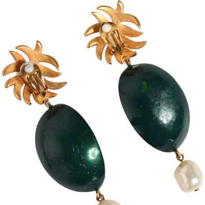 Dolce & Gabbana Red Watermelon Gold Brass Crystal Clip Dangling Earrings
