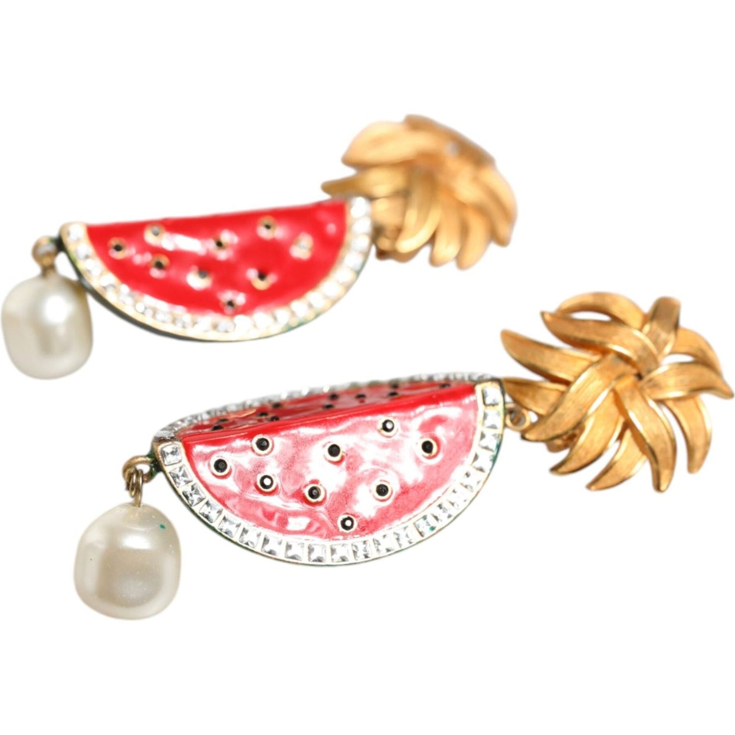 Dolce & Gabbana Red Watermelon Gold Brass Crystal Clip Dangling Earrings