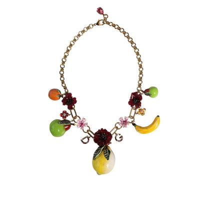 Dolce & Gabbana Gold Brass FRUIT Pendants Flowers Crystal Logo Necklace Necklace