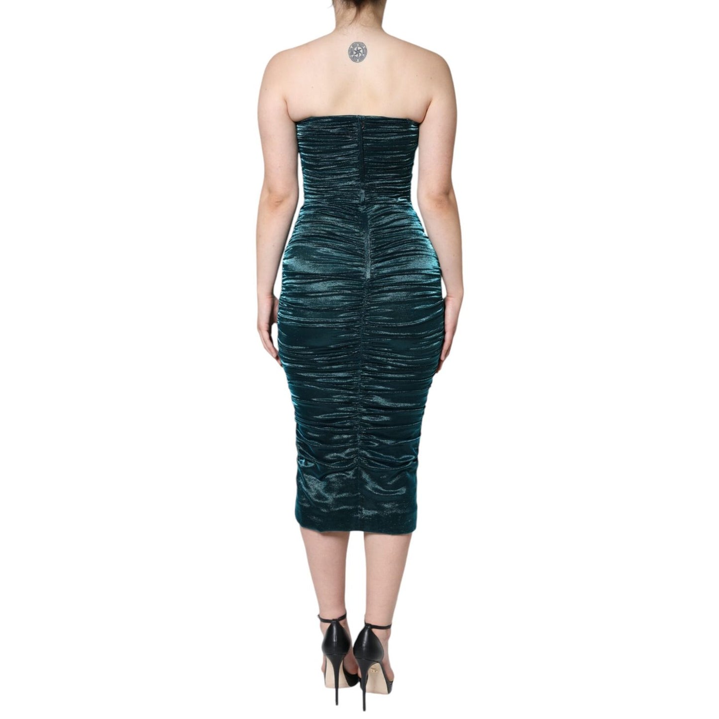 Dolce & Gabbana Green Silk Blend Satin Fitted Strapless Dress