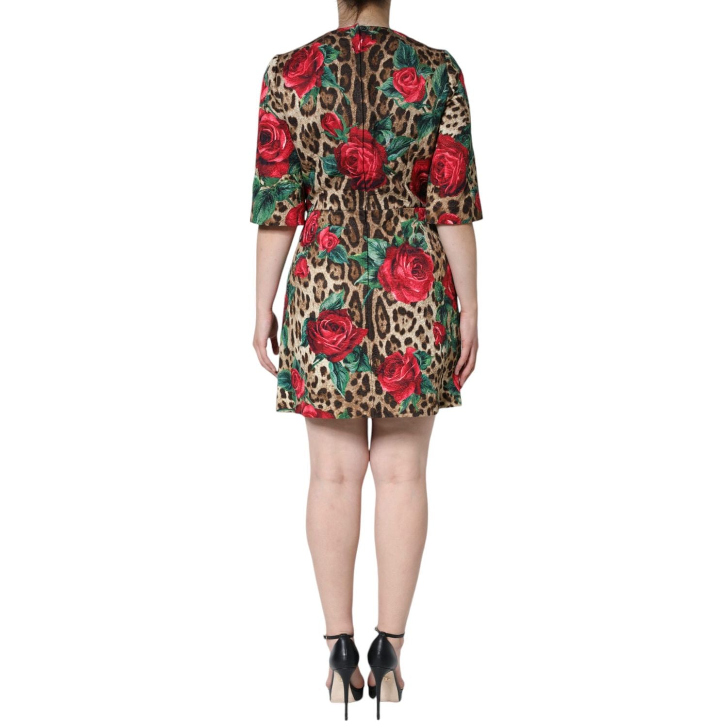Dolce & Gabbana Brown Leopard Red Roses Cotton A-line Dress