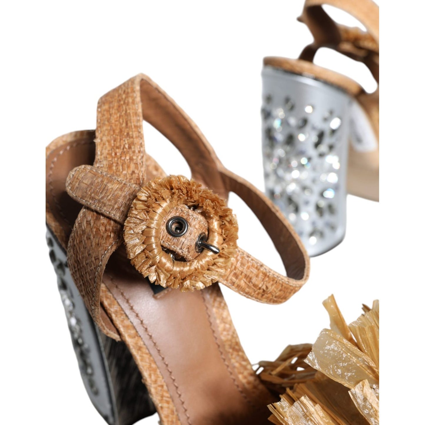 Dolce & Gabbana Brown Raffia Ankle Strap Crystal Sandals Shoes