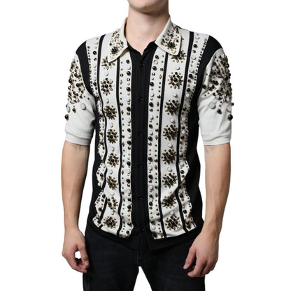 Dolce & Gabbana White Black Silk Studded Stone Crystal Shirt