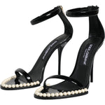 Dolce & Gabbana Black Keira Leather Faux Pearl Sandals Heels Shoes