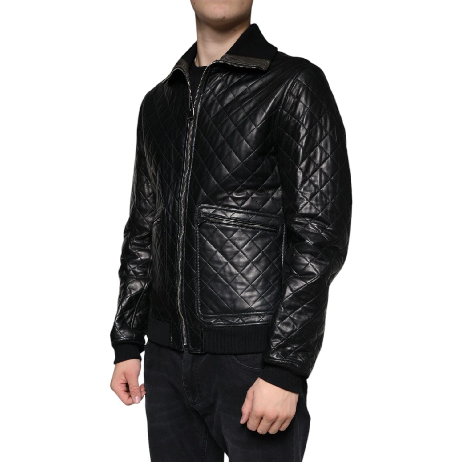 Dolce & Gabbana Black Calf Leather Quilted Full Zip Jacket