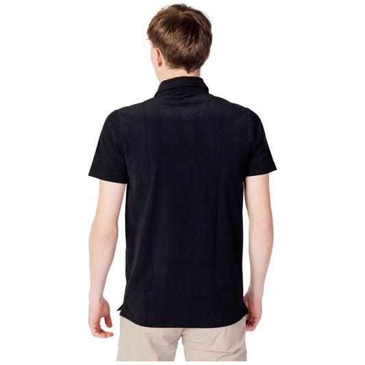 Back view of a men's black polyester polo shirt for spring/summer collection, short sleeve, lightweight and comfortable fit.
