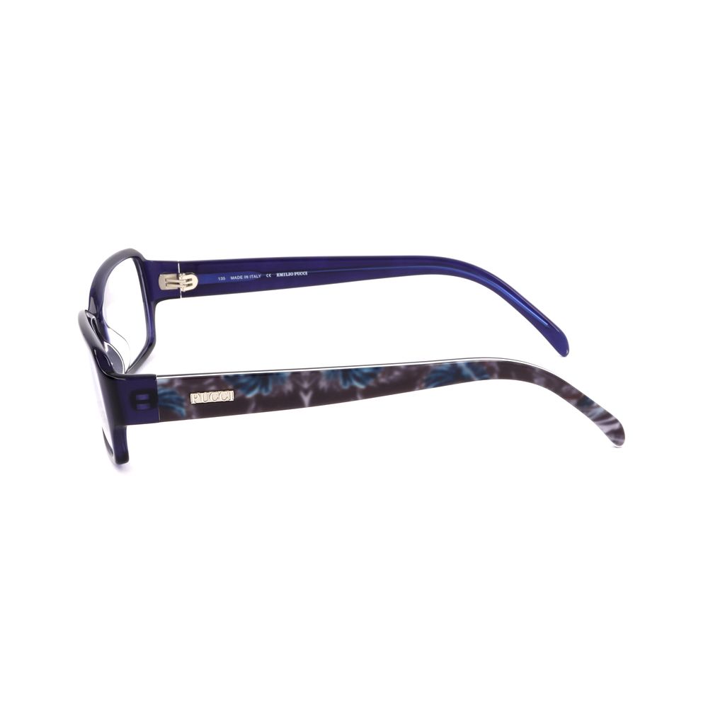 Side view of Emilio Pucci Blue Plastic Frames with designer detailing and measurements 53/14/135 mm.