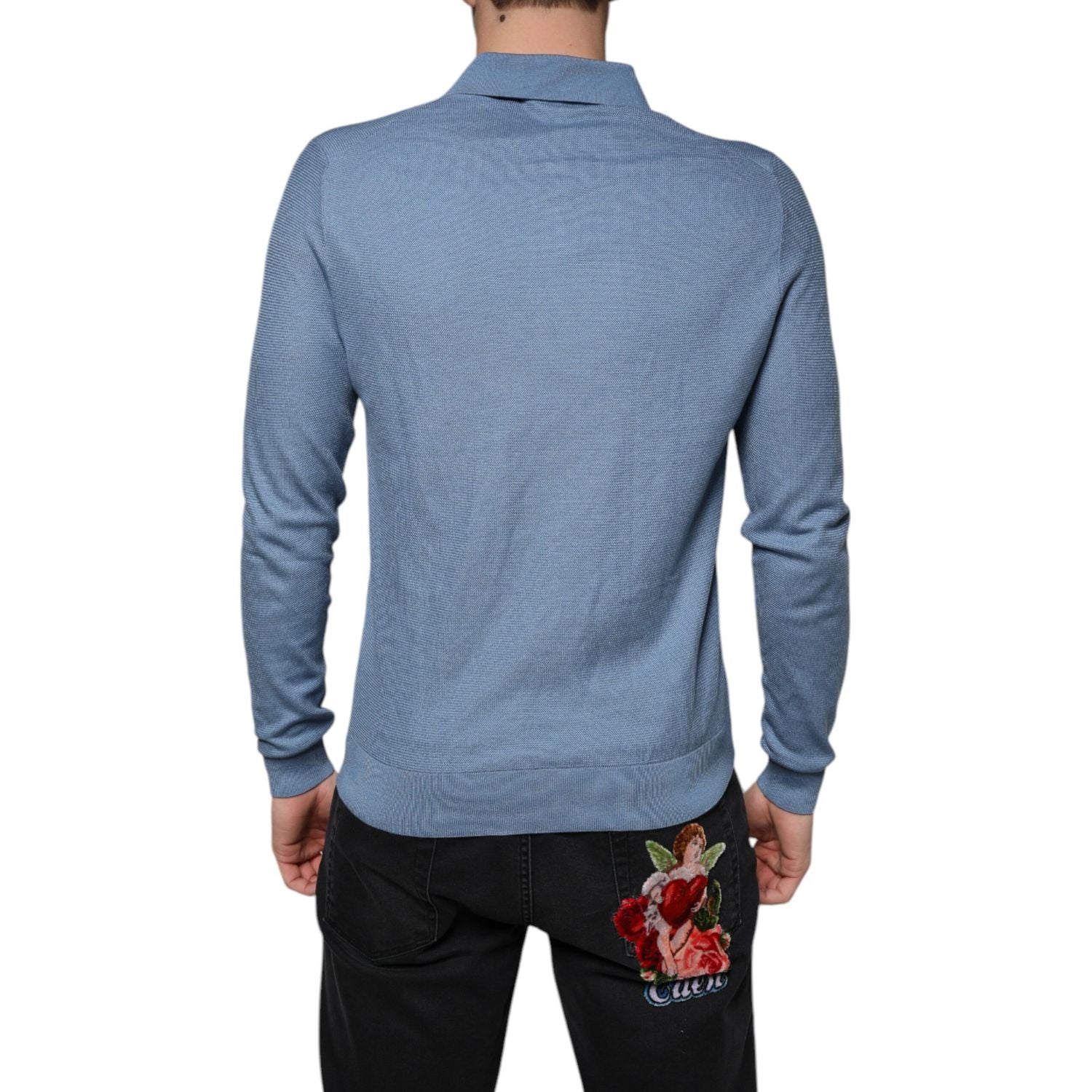 Dolce & Gabbana Sky Blue Silk Collared Men Pullover Sweater