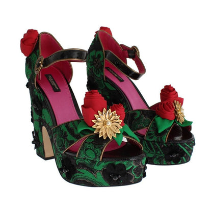 Dolce & Gabbana Green Brocade Snakeskin Roses Crystal Shoes