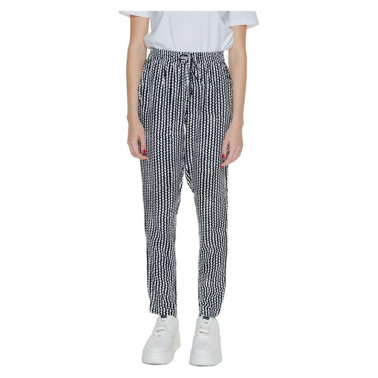 Women's black and white viscose drawstring pants, spring/summer collection, regular fit, casual style.