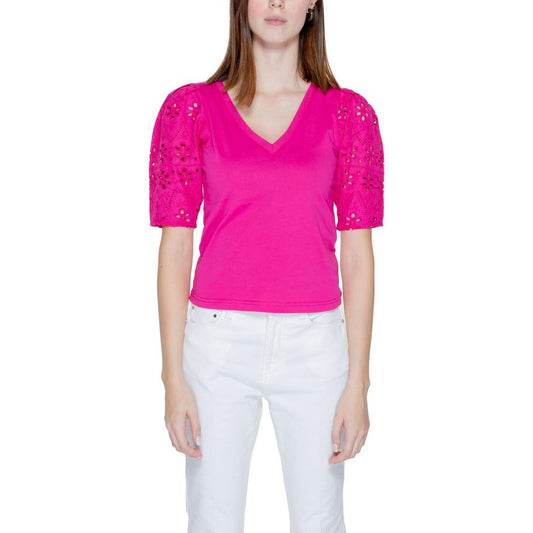 Morgan De Toi pink cotton T-shirt with lace sleeves, spring/summer collection, women's fashion top