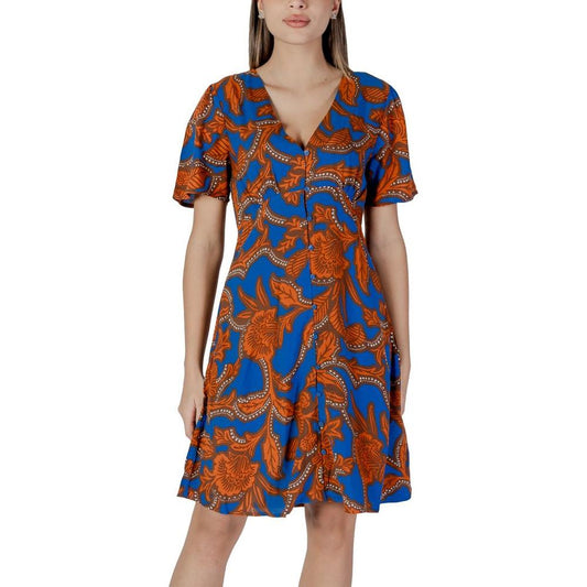 B.Young blue viscose dress with orange floral pattern for spring/summer collection, women's dress made of 100% viscose.
