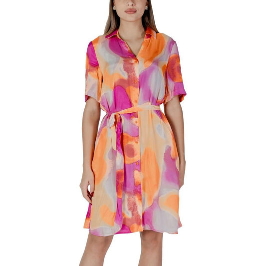 B.Young orange cotton dress for women, spring/summer collection, 100% cotton with vibrant colors, perfect for casual or beach wear.