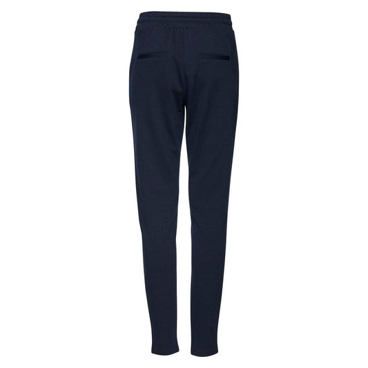 ICHI blue polyester cigarette pants, fall/winter women's fashion, back view. Made of 74% polyester, 22% viscose, 4% elastane.