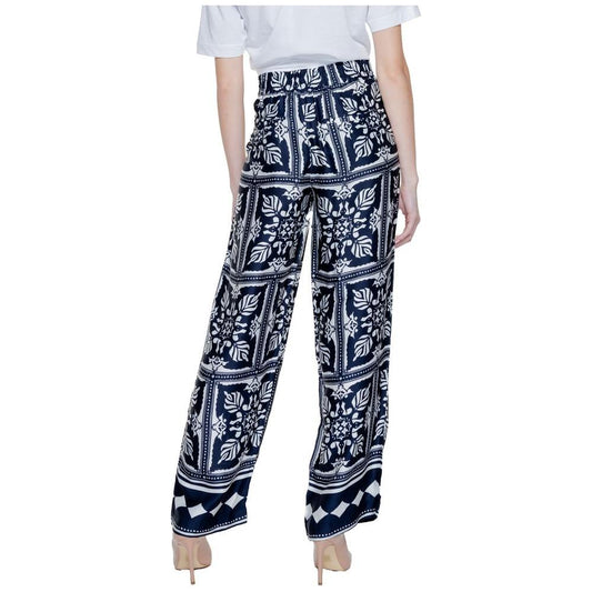 Street One women's palazzo pants, blue viscose fabric, spring/summer collection, featuring a bold white geometric pattern.