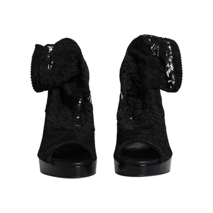 Dolce & Gabbana Black Stretch Taormina Lace Boots Shoes
