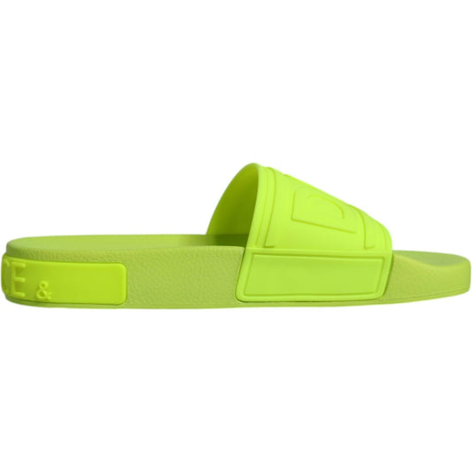 Dolce & Gabbana green rubber slides sandals, neon beachwear shoes with logo detail, made in Italy.