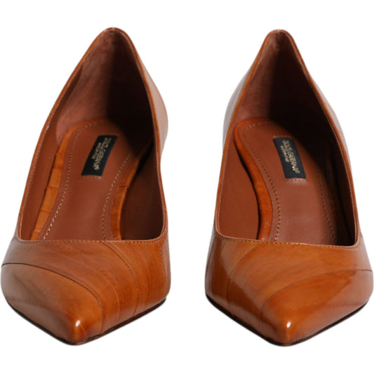 Dolce & Gabbana brown eel leather kitten heels pumps, featuring logo details, made in Italy, elegant and high-quality design